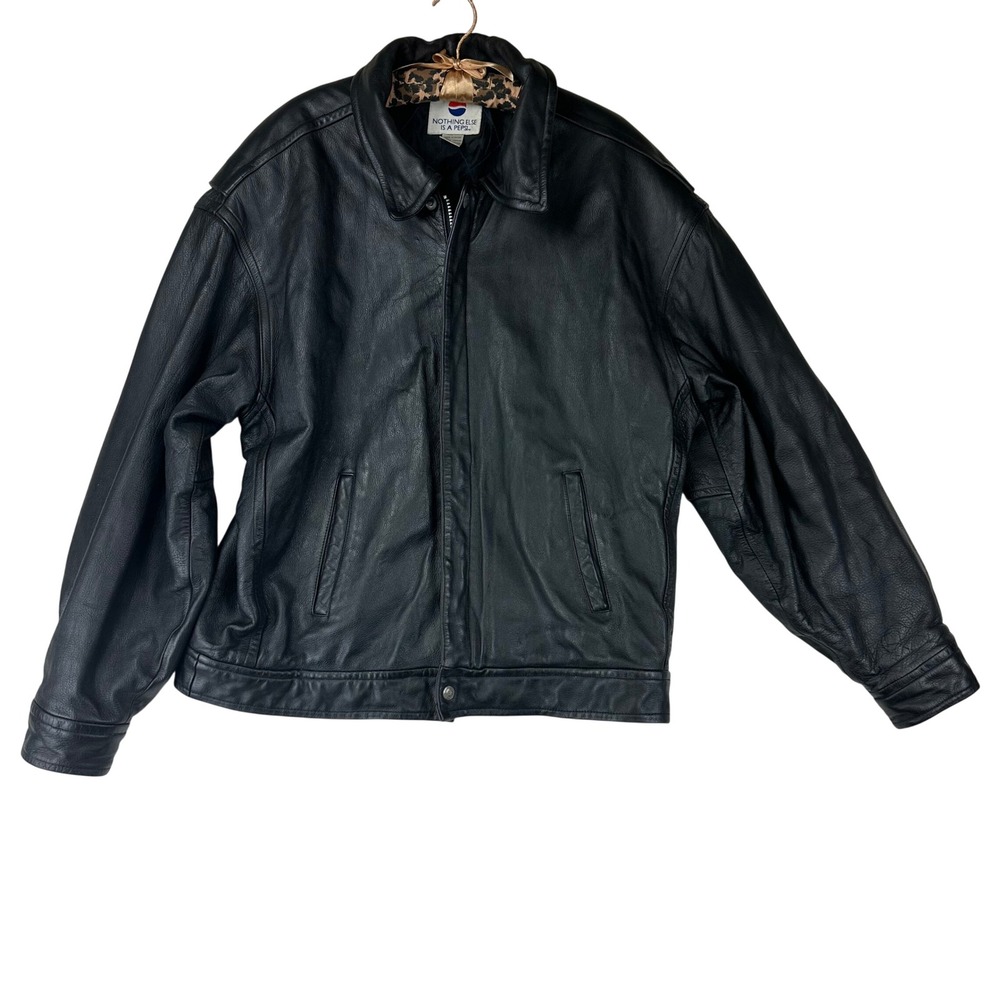 Pepsi Leather Jacket Mens L Bomber Fit Black VTG 90s Streetwear Genuine Leather